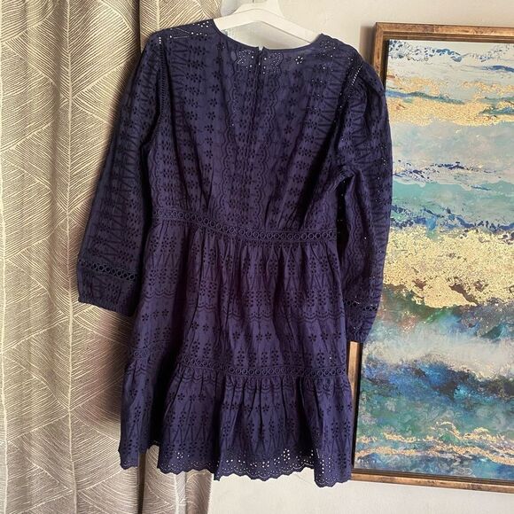 J CREW Dress Navy Blue Eyelet Embroidered Flutter Hem 100% Cotton Long Sleeve 8P - Picture 3 of 15